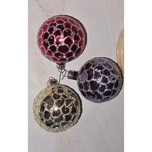 Vintage Mercury Glass Christmas Ornaments w Glitter Scale Design Purple Gold Red